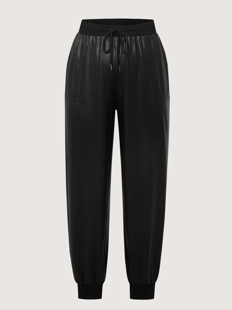 Ribbed Trim Spliced Leather Drawstring Pants