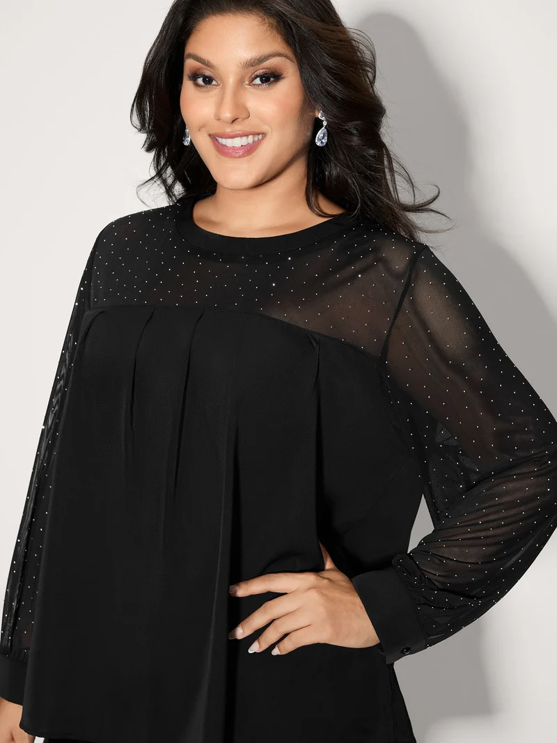 Hotfix Rhinestones Sheer Blouse