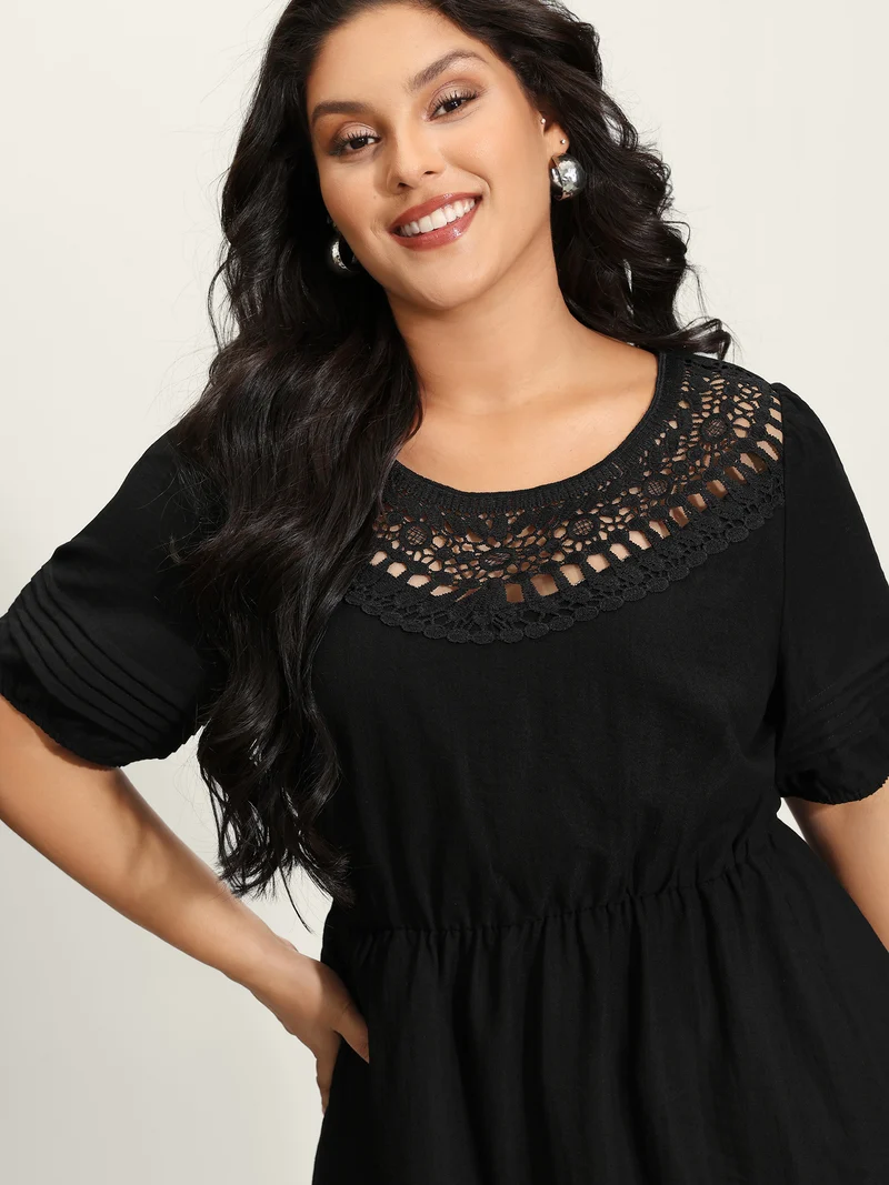 Lace Puffy Sleeve Knee-Length Dress