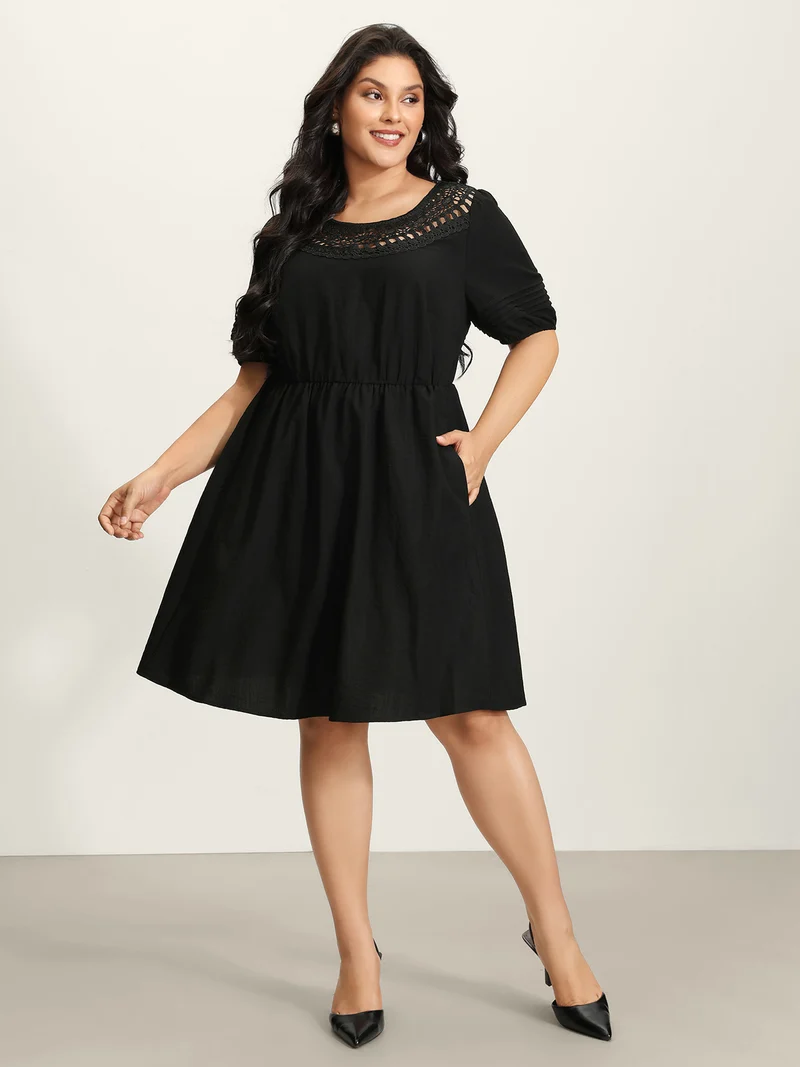 Lace Puffy Sleeve Knee-Length Dress