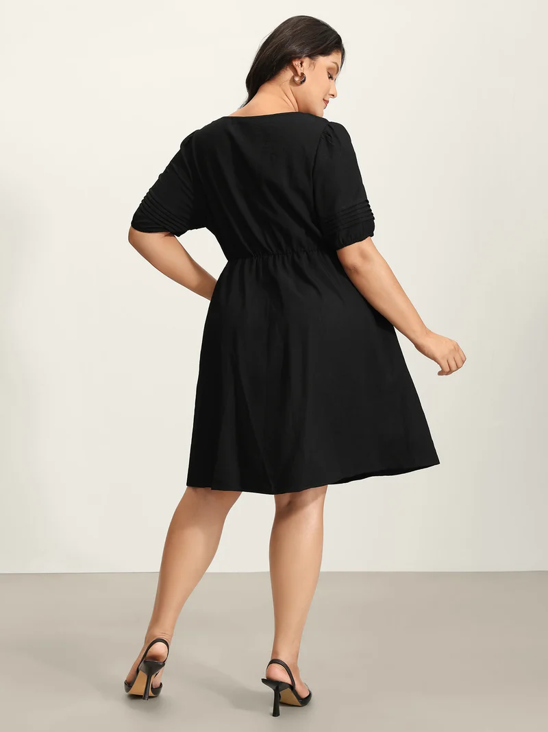 Lace Puffy Sleeve Knee-Length Dress