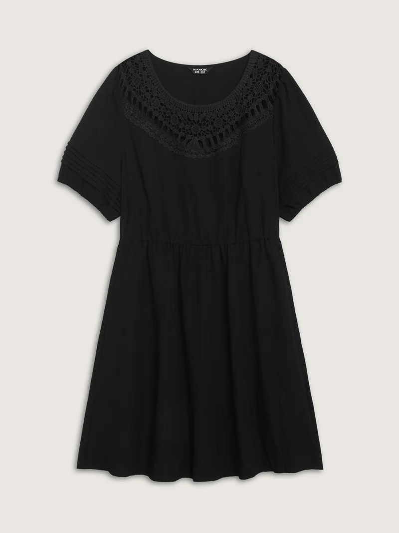 Lace Puffy Sleeve Knee-Length Dress