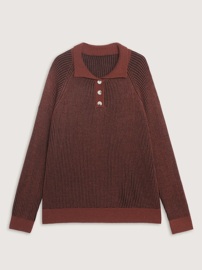 Polo Collar Color Contrast Textured Pullover