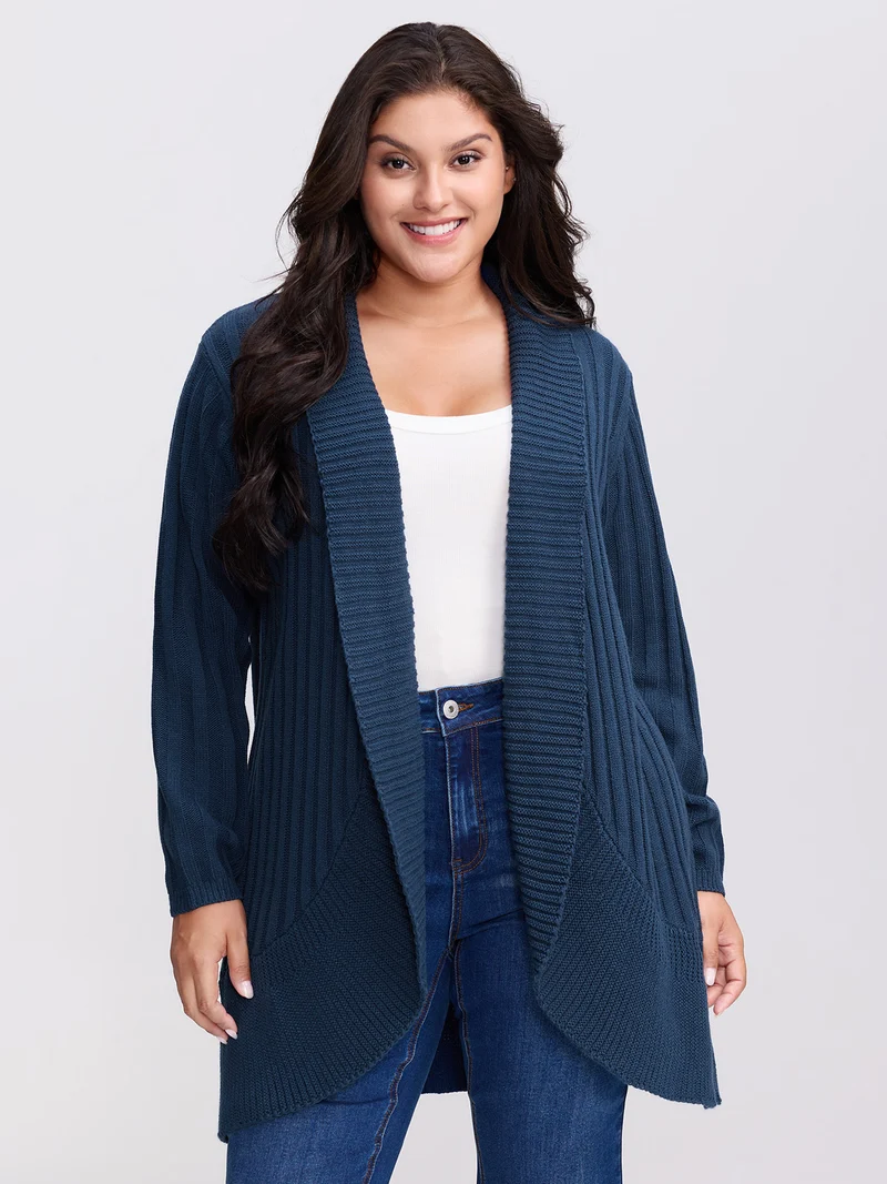Folded Collar Ribbed Curvy Knit Cardigan