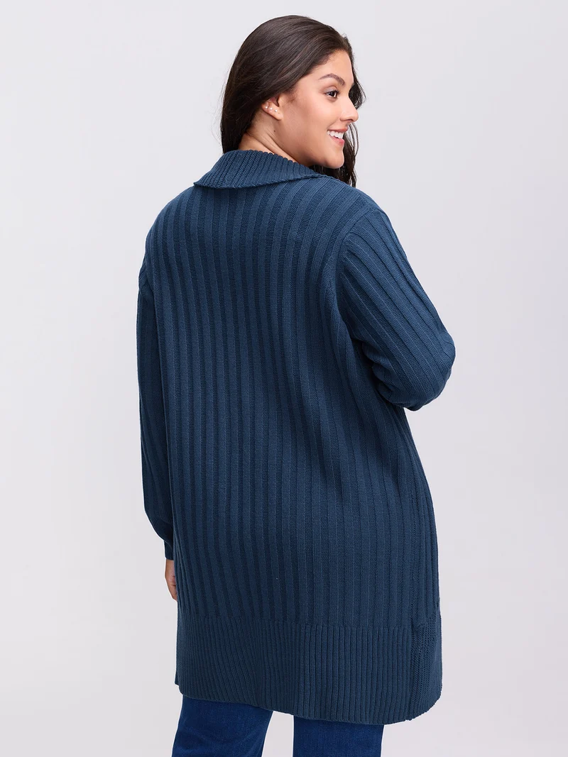 Folded Collar Ribbed Curvy Knit Cardigan