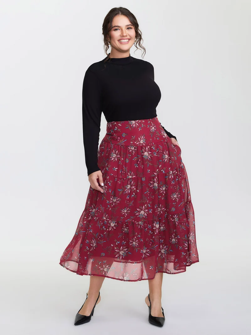 Floral Romance Shirred A-Line Midi Skirt