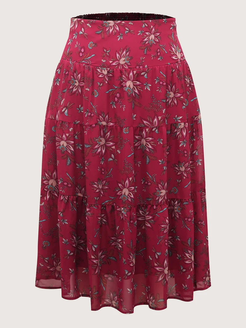 Floral Romance Shirred A-Line Midi Skirt