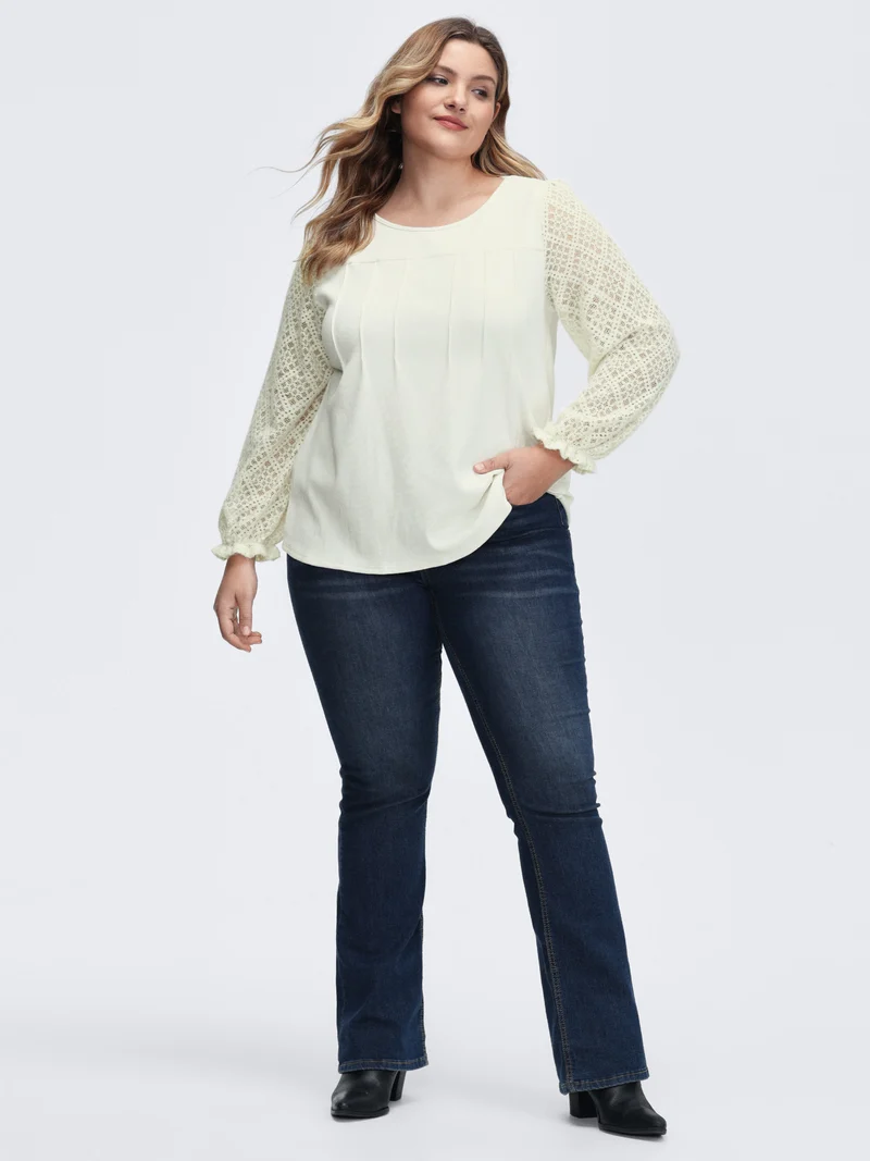 Supersoft Velvety-Feel Lace Trim Round Neck T-Shirt