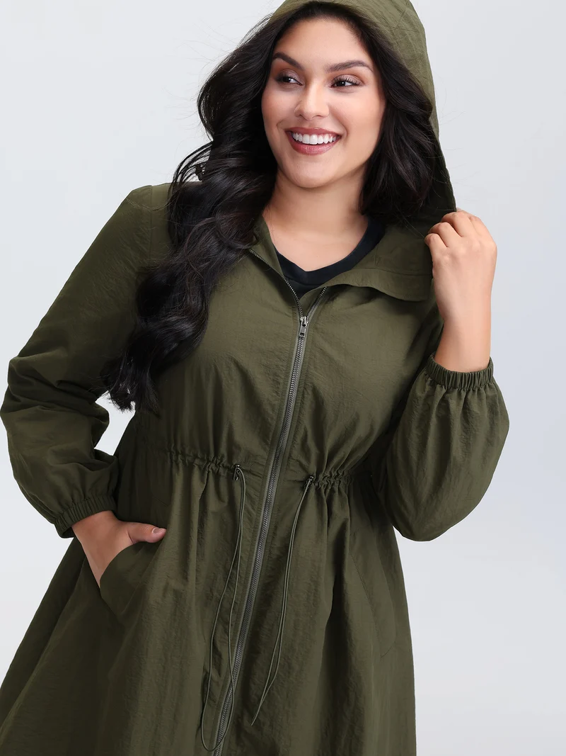 Drawstring Waist Pockets Hooded Coat