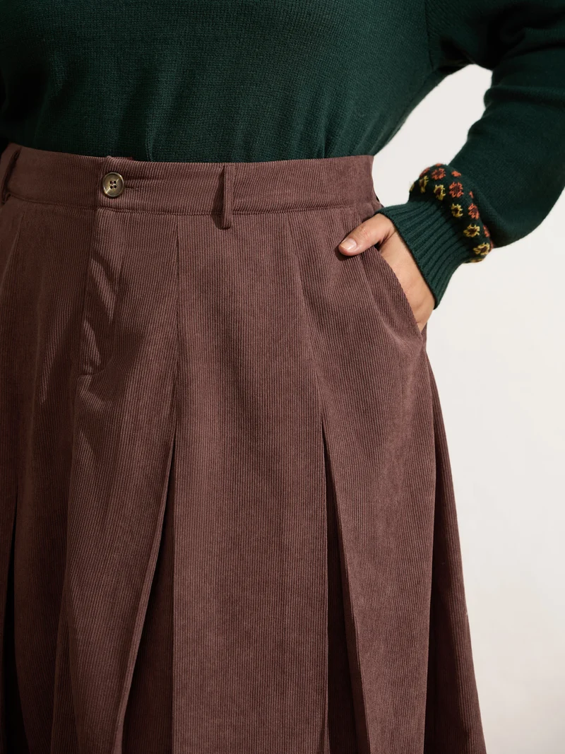 Pleated Waist-Defining Midi Skirt