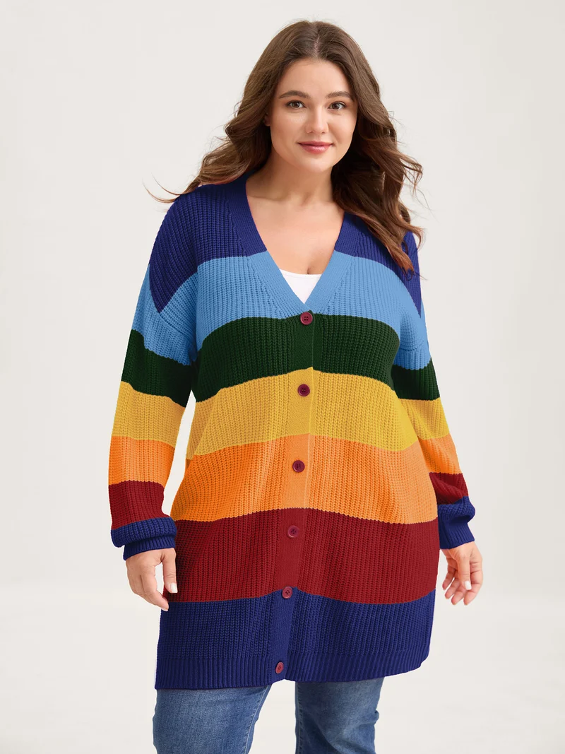 Colorblock Contrast Texture Button Cardigan