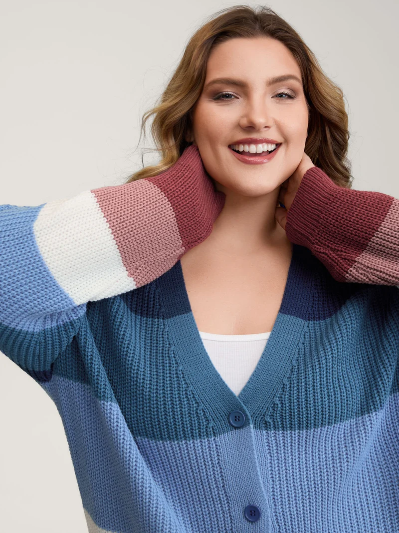 Colorblock Contrast Texture Button Cardigan
