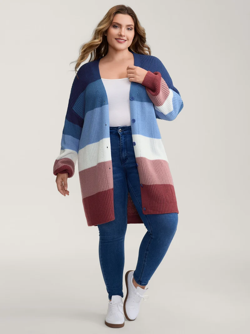 Colorblock Contrast Texture Button Cardigan