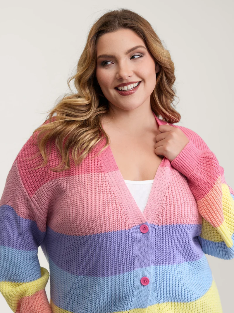 Colorblock Contrast Texture Button Cardigan