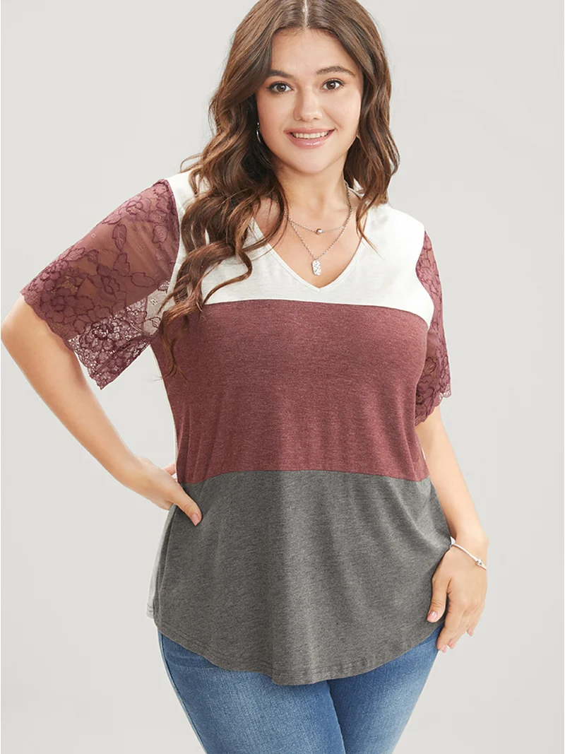 Lace Sheer Sleeve Color Contrast T-Shirt
