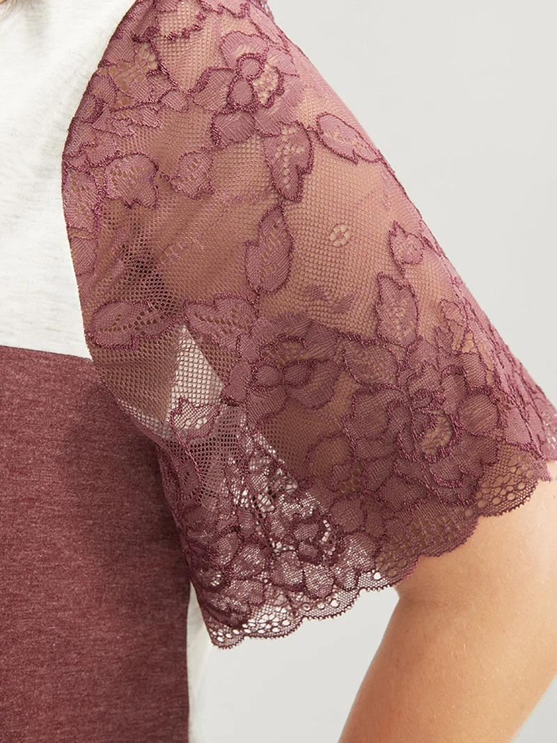 Lace Sheer Sleeve Color Contrast T-Shirt