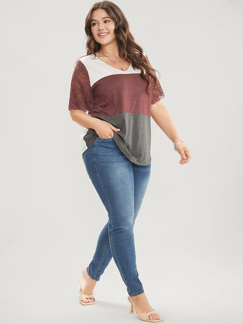 Lace Sheer Sleeve Color Contrast T-Shirt