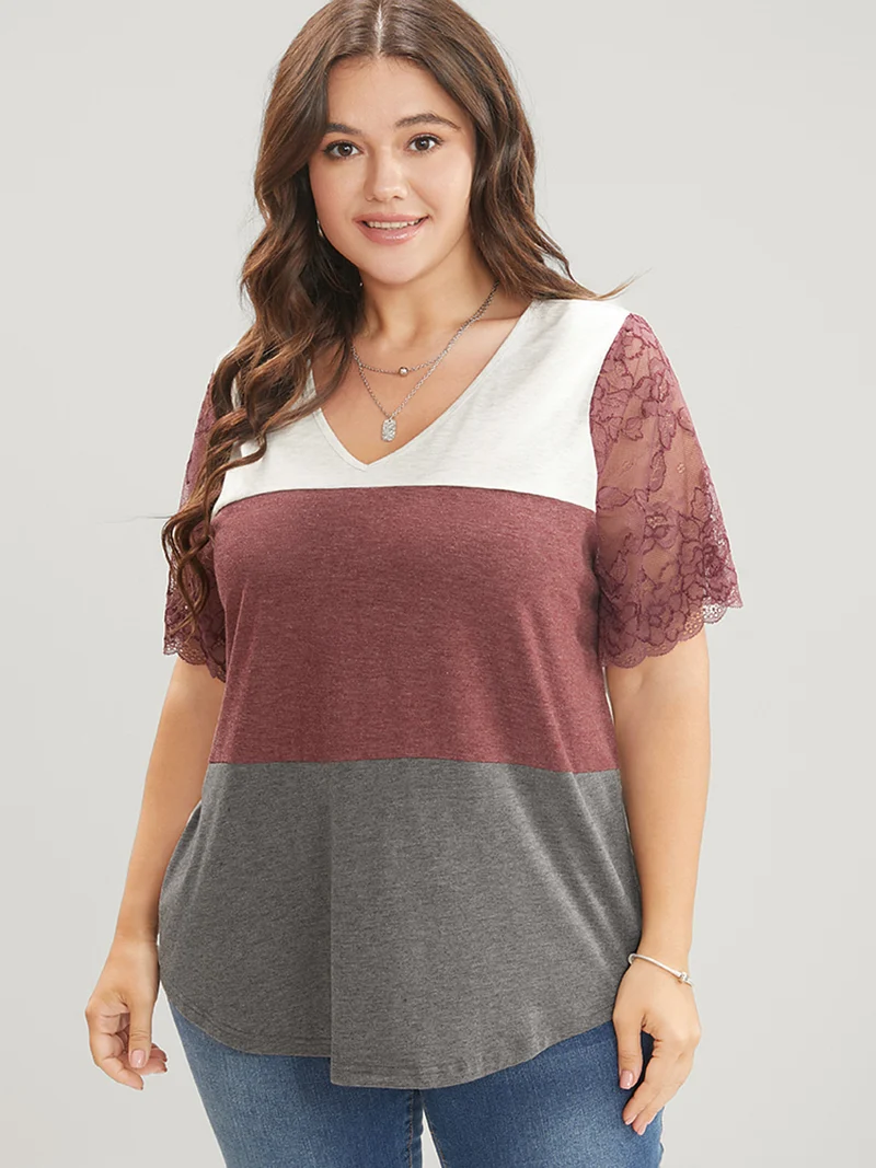 Lace Sheer Sleeve Color Contrast T-Shirt