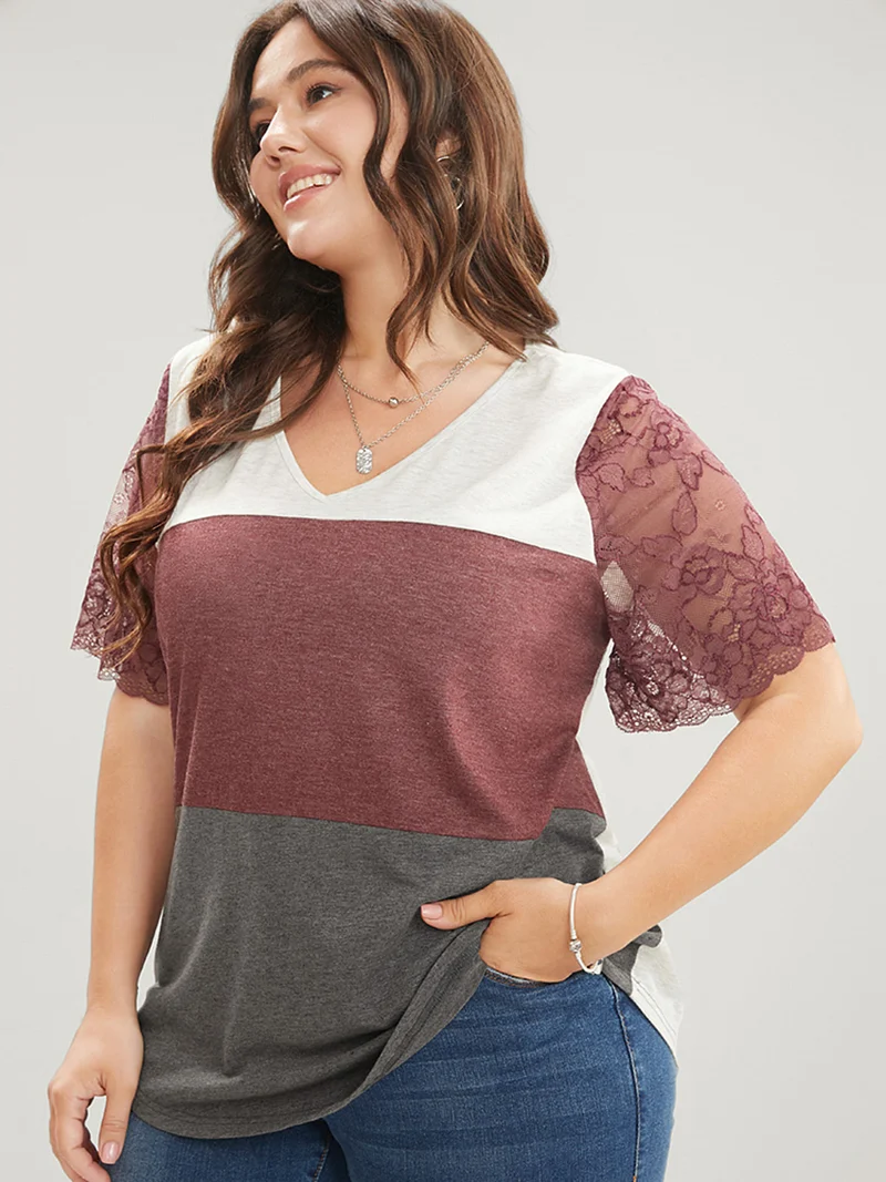 Lace Sheer Sleeve Color Contrast T-Shirt