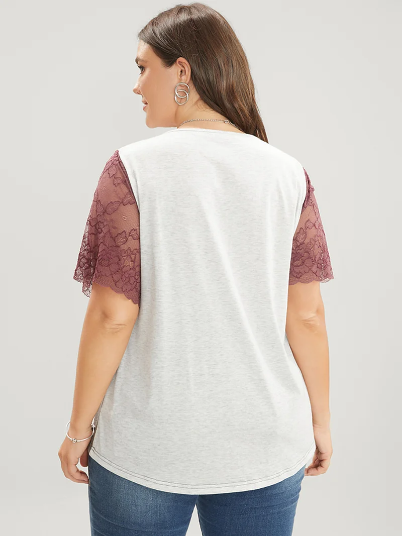 Lace Sheer Sleeve Color Contrast T-Shirt