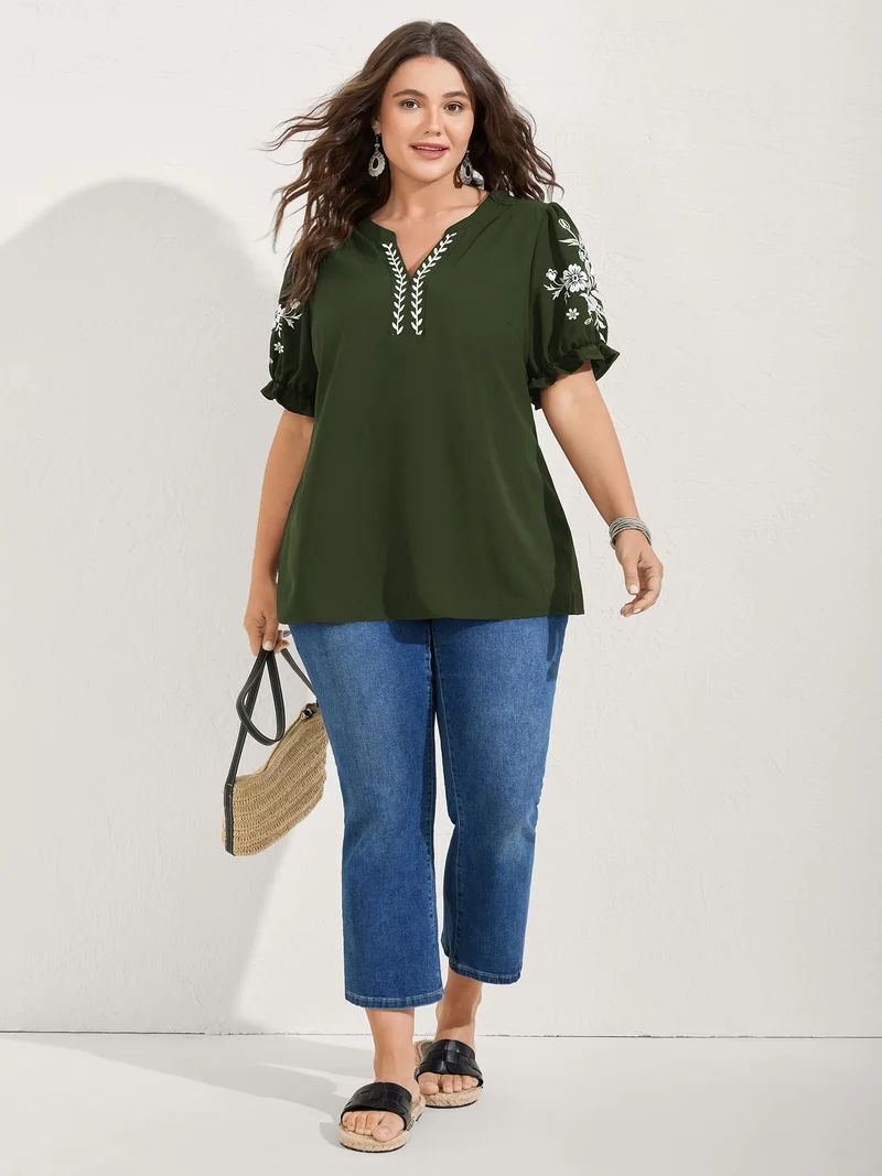 Notched Collar Embroidered Ruffled Blouse