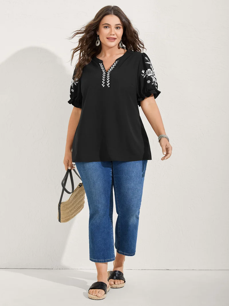 Notched Collar Embroidered Ruffled Blouse