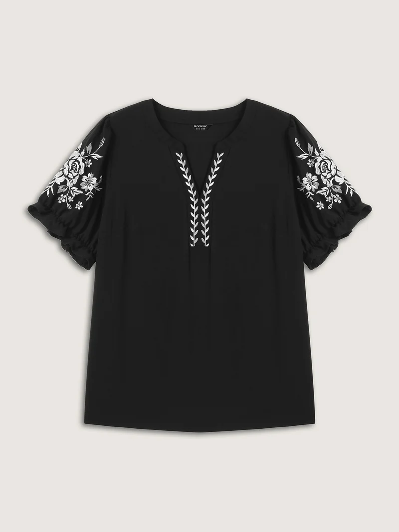 Notched Collar Embroidered Ruffled Blouse
