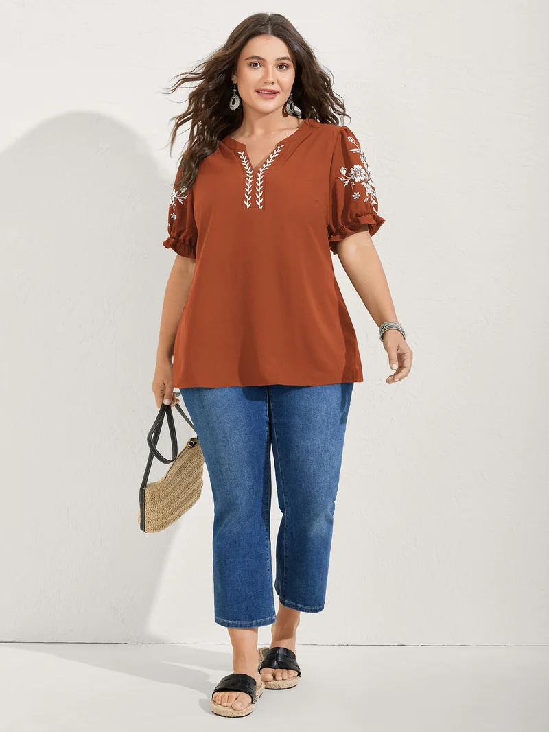 Notched Collar Embroidered Ruffled Blouse