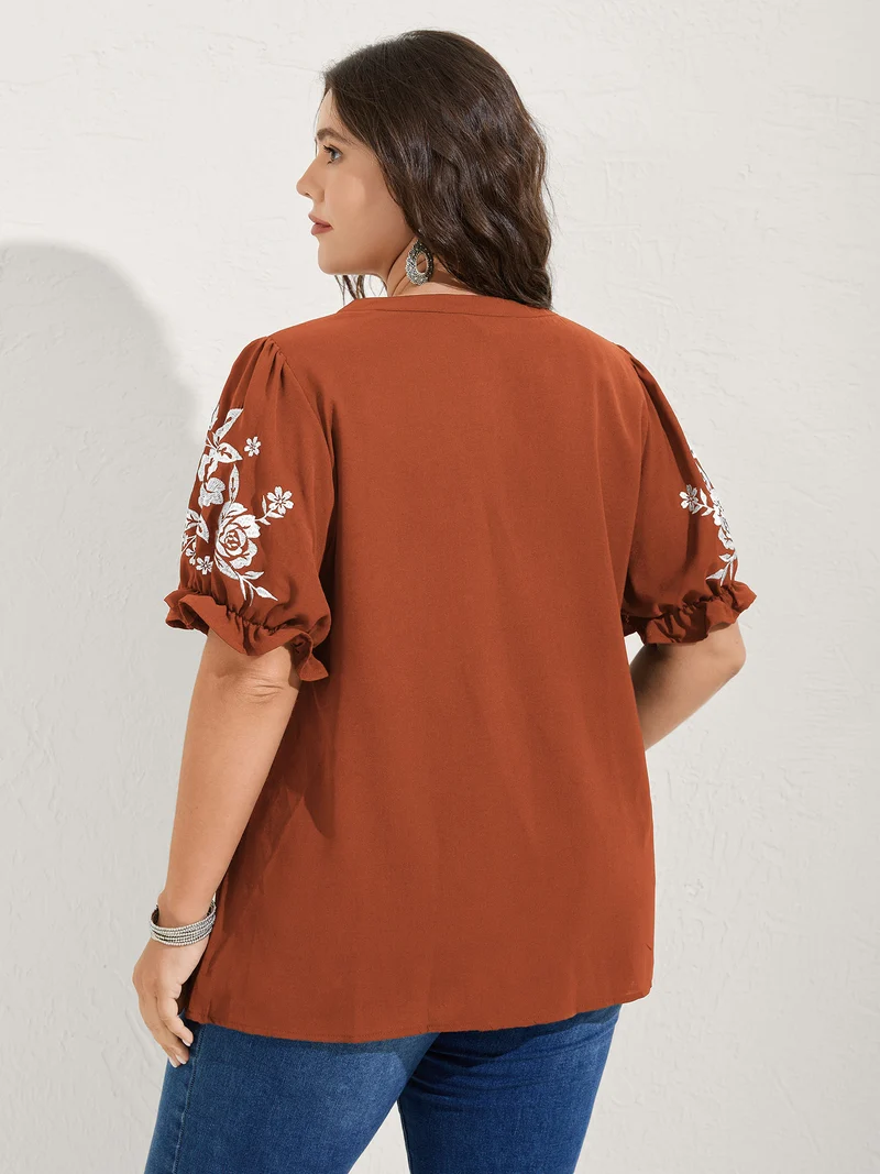Notched Collar Embroidered Ruffled Blouse