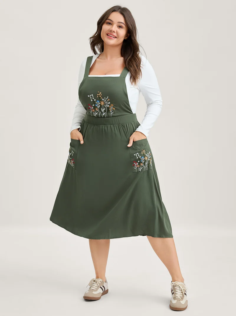 Rayon Floral Embroidery Stretchy Waist Midi Dress