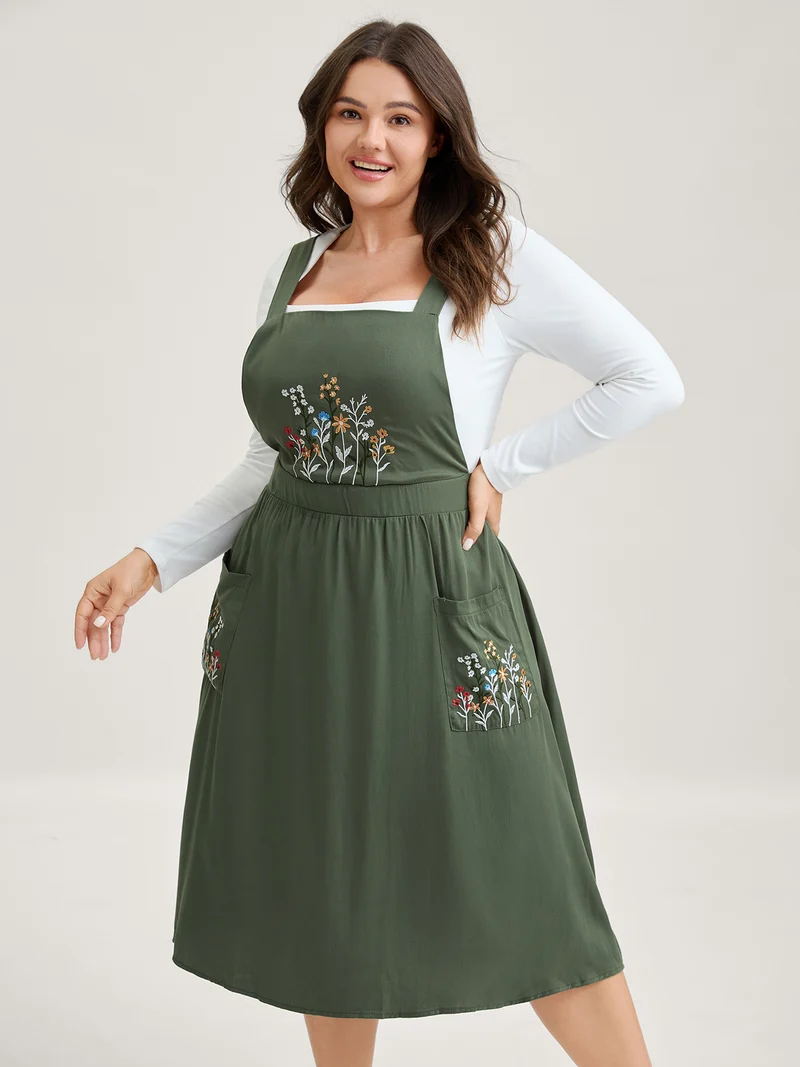 Rayon Floral Embroidery Stretchy Waist Midi Dress