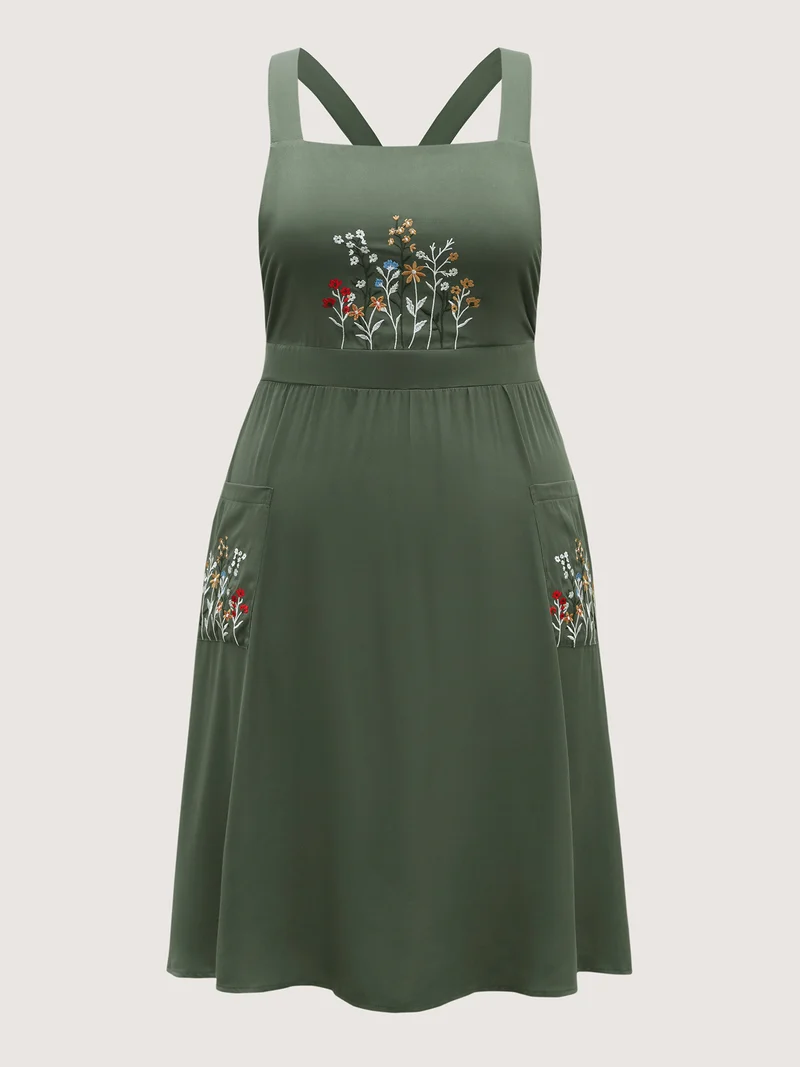 Rayon Floral Embroidery Stretchy Waist Midi Dress