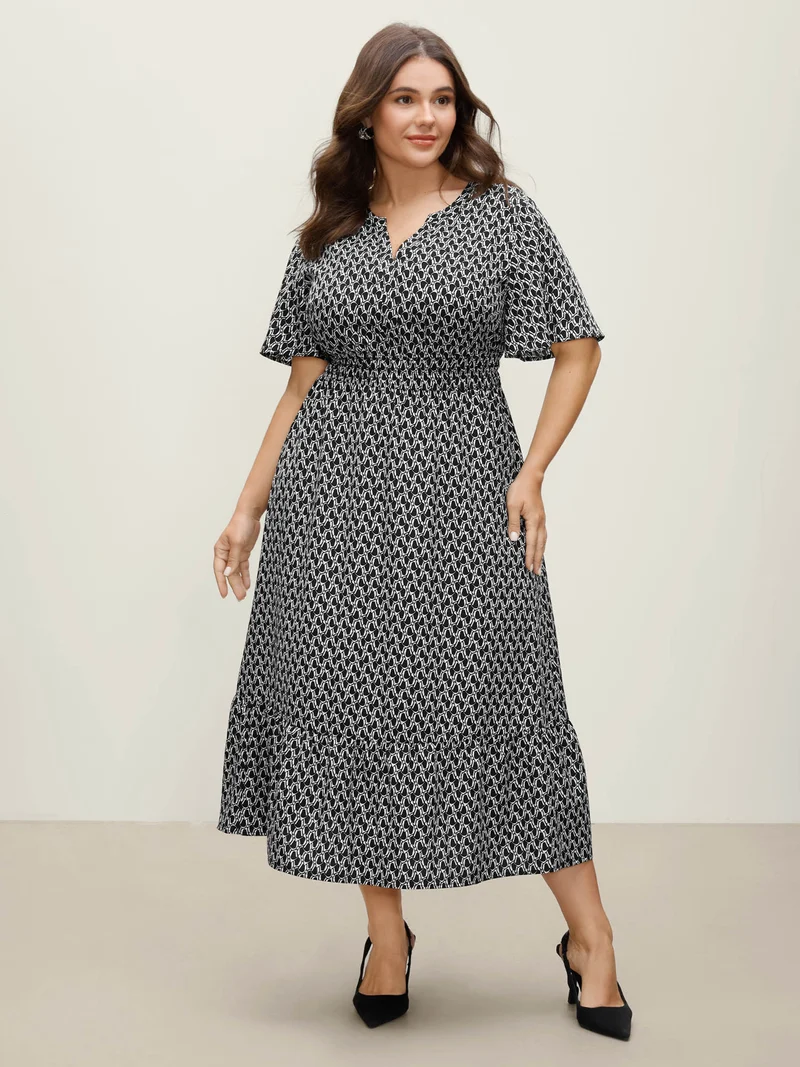 Geometric Print Waist-Cinched Tiered Midi Dress