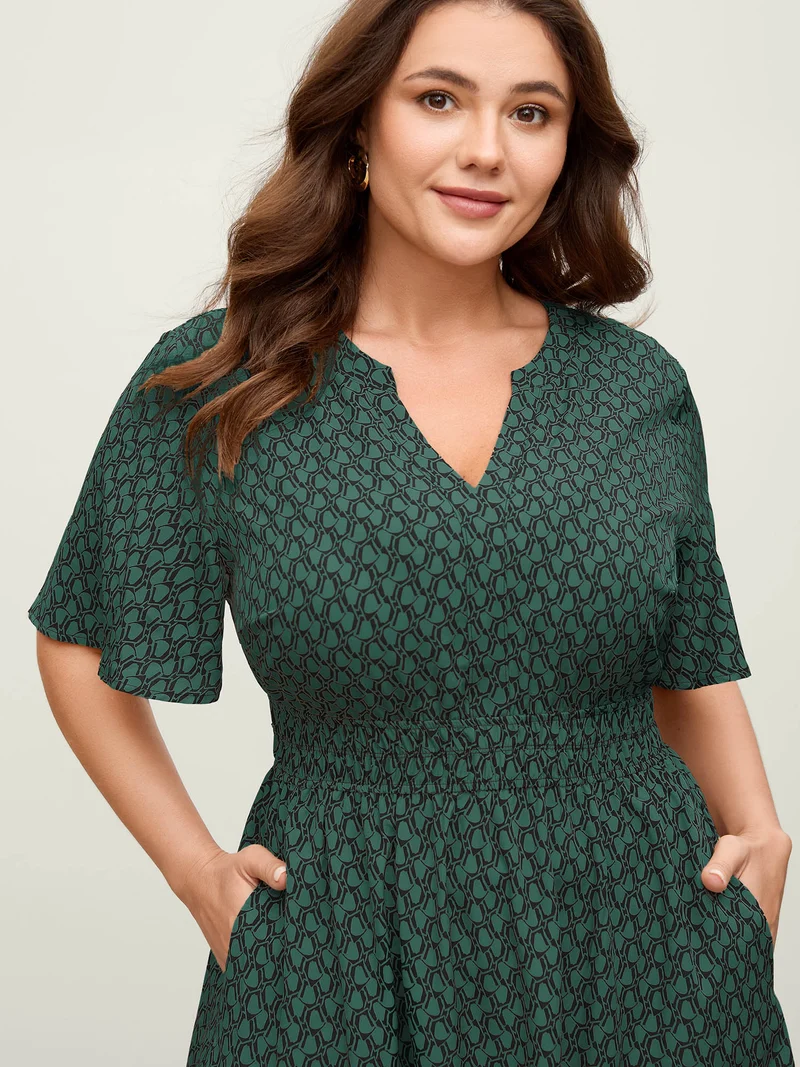 Geometric Print Waist-Cinched Tiered Midi Dress