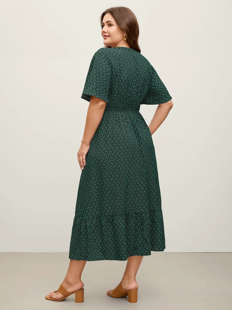Geometric Print Waist-Cinched Tiered Midi Dress