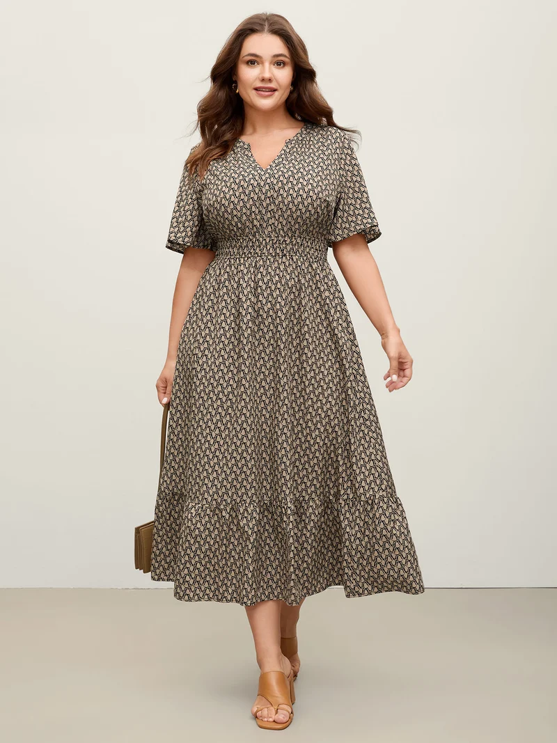 Geometric Print Waist-Cinched Tiered Midi Dress