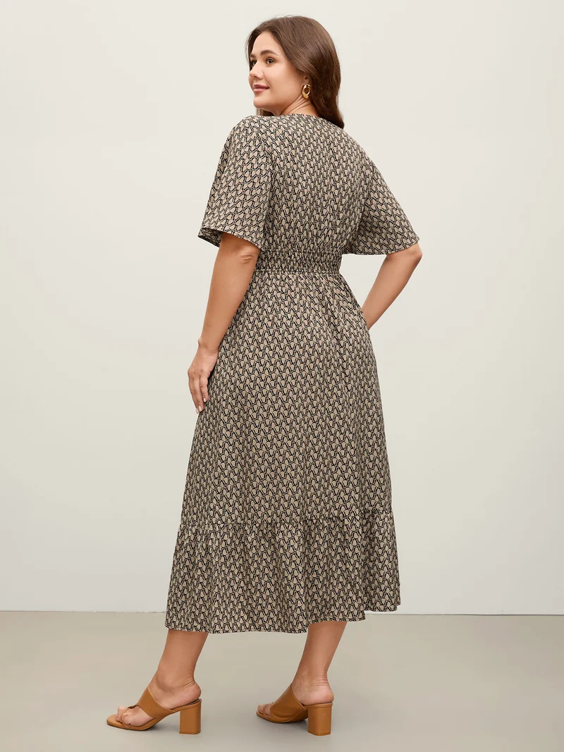 Geometric Print Waist-Cinched Tiered Midi Dress