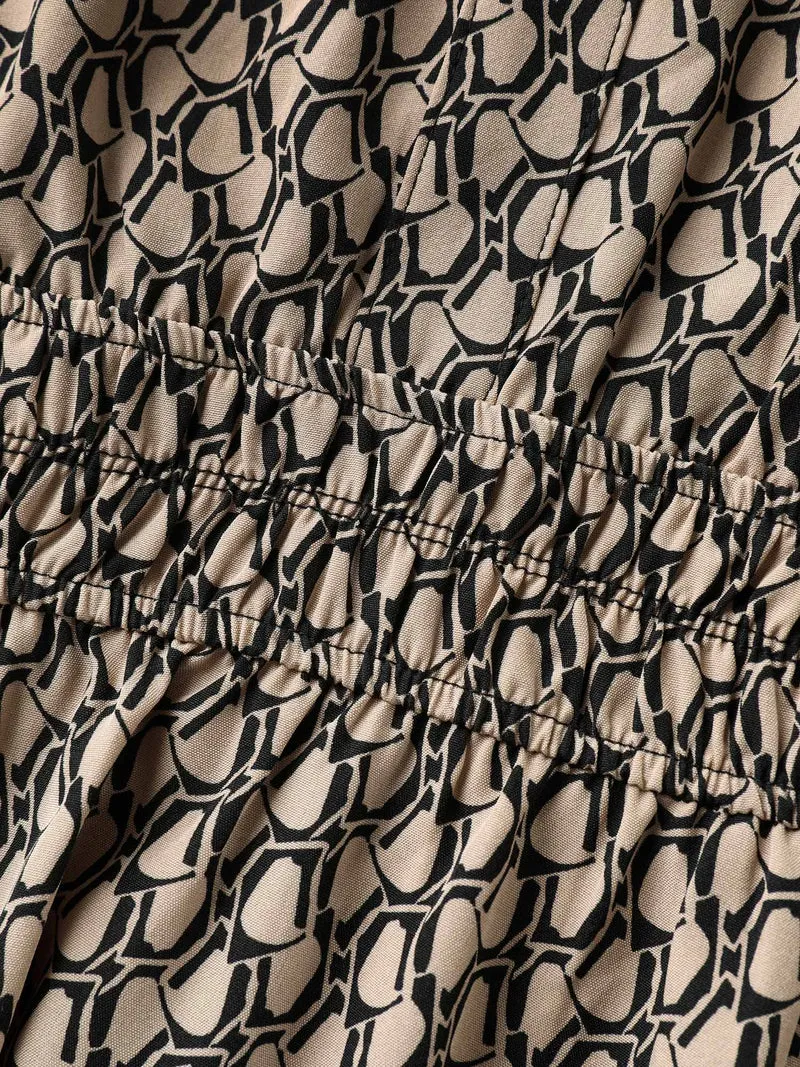 Geometric Print Waist-Cinched Tiered Midi Dress