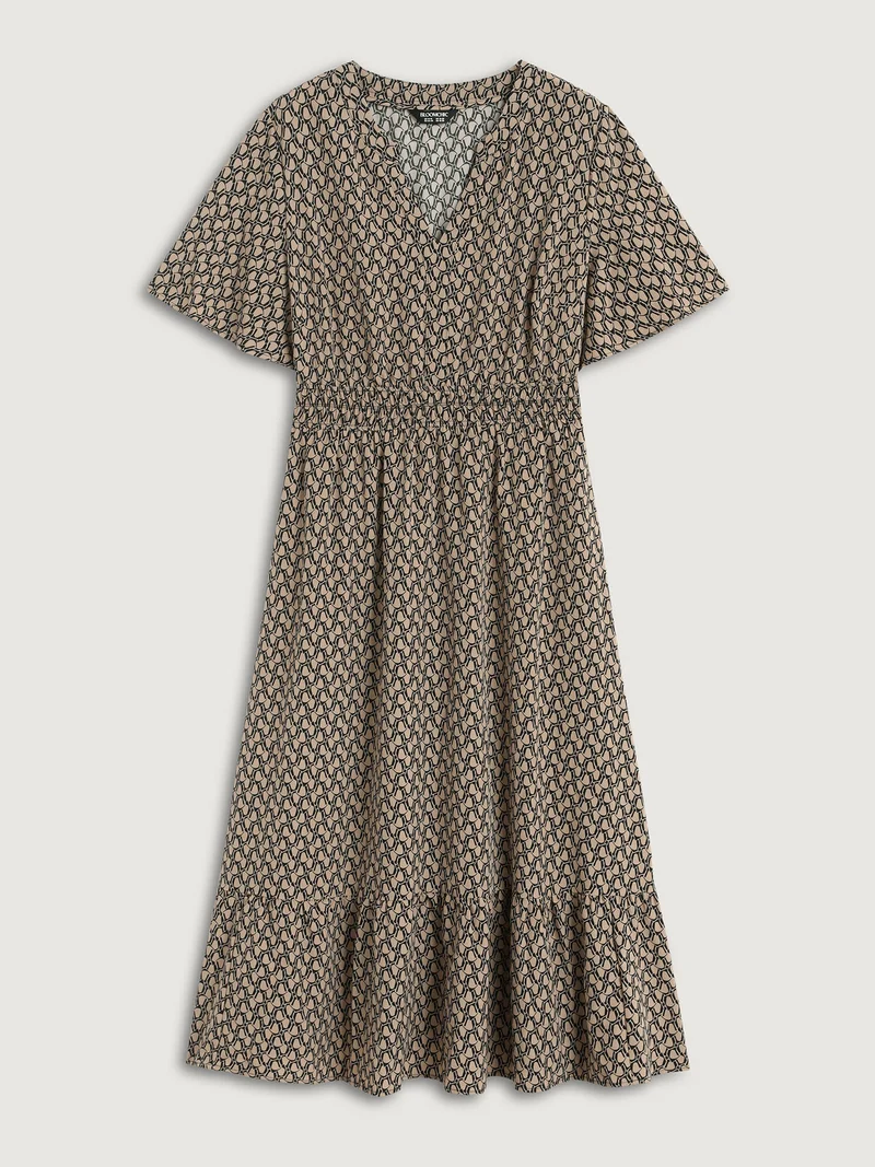 Geometric Print Waist-Cinched Tiered Midi Dress