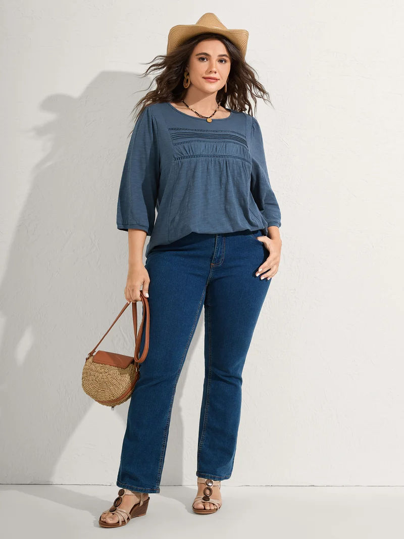 Cotton Lace Spliced Plain Knit Top