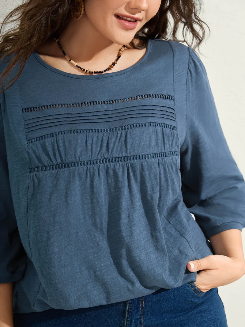 Cotton Lace Spliced Plain Knit Top