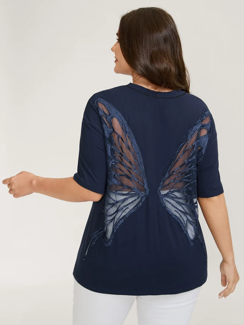 Supersoft Sheer Butterfly Backless Embroidered T-Shirt