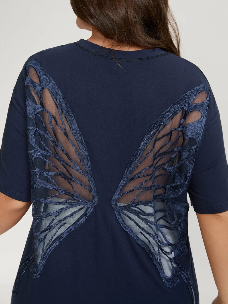 Supersoft Sheer Butterfly Backless Embroidered T-Shirt