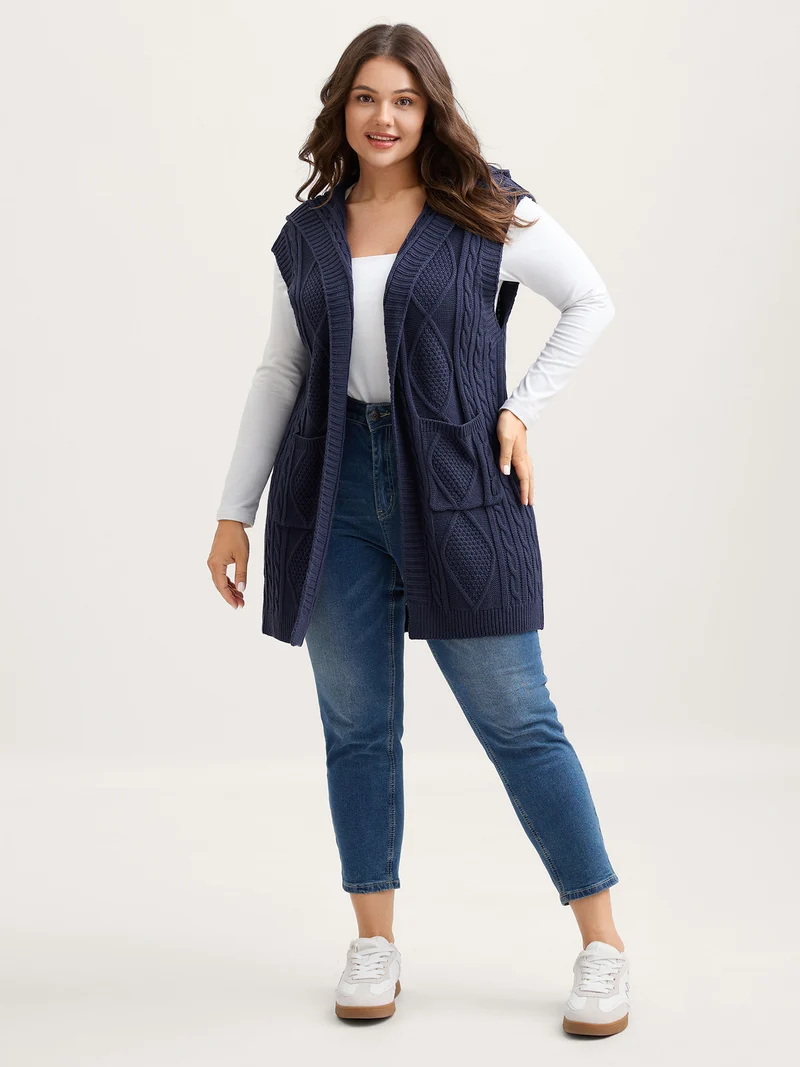 Twisted Hooded Sleeveless Knit Cardigan