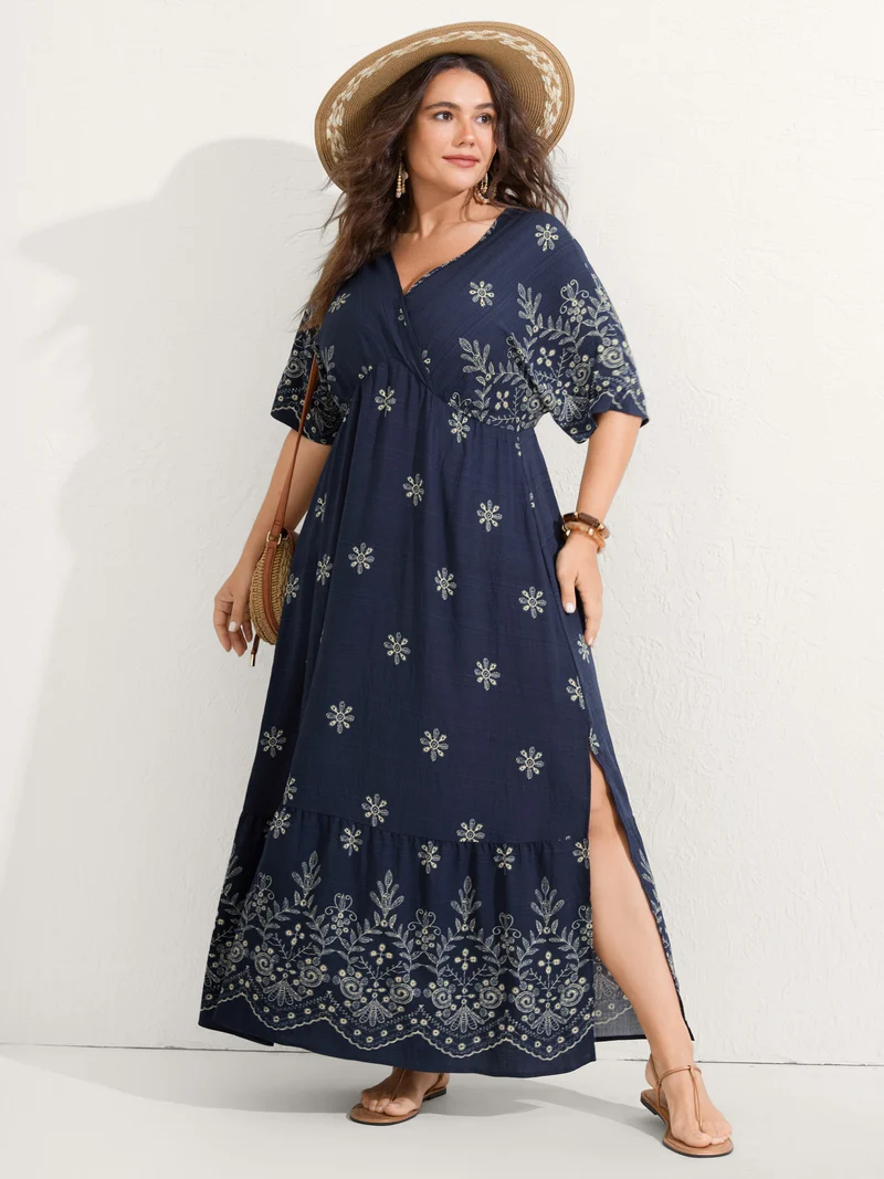 Surplice Neck Split Side Pockets Midi Dress
