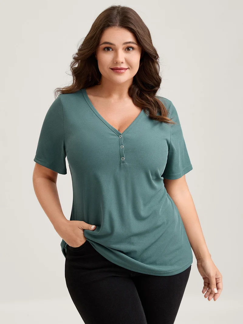 Ribbed Button V-Neck Knit T-Shirt