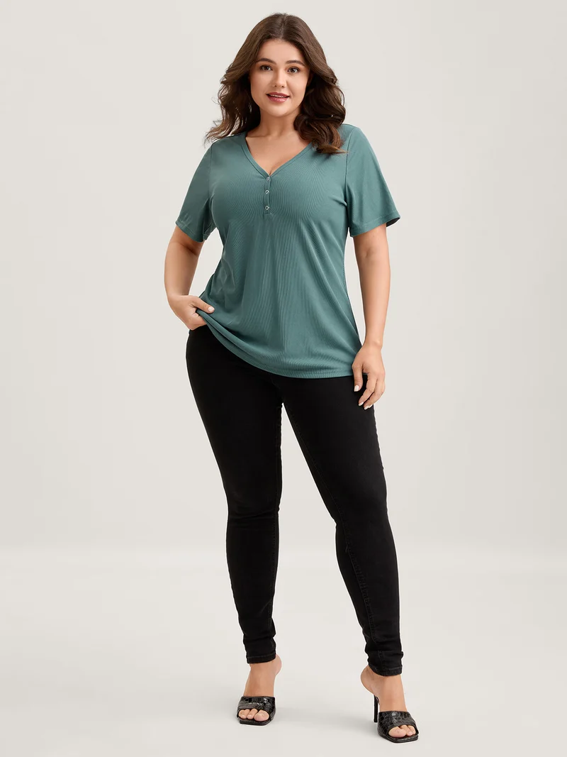 Ribbed Button V-Neck Knit T-Shirt