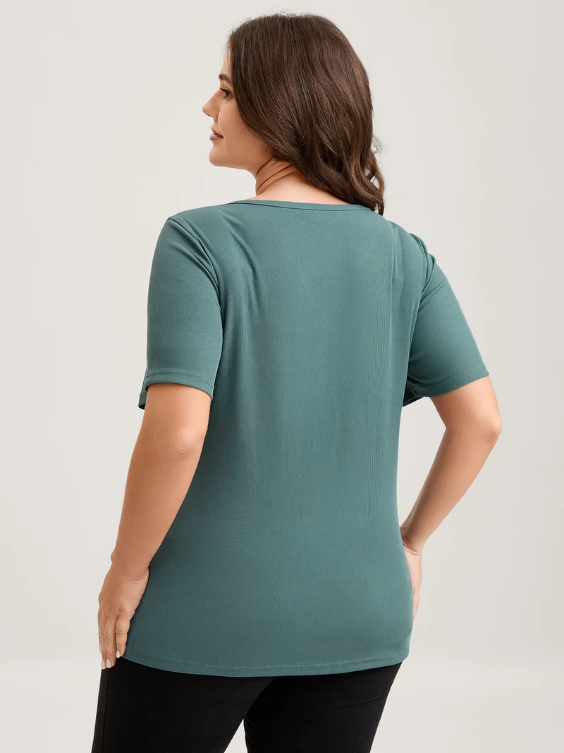 Ribbed Button V-Neck Knit T-Shirt