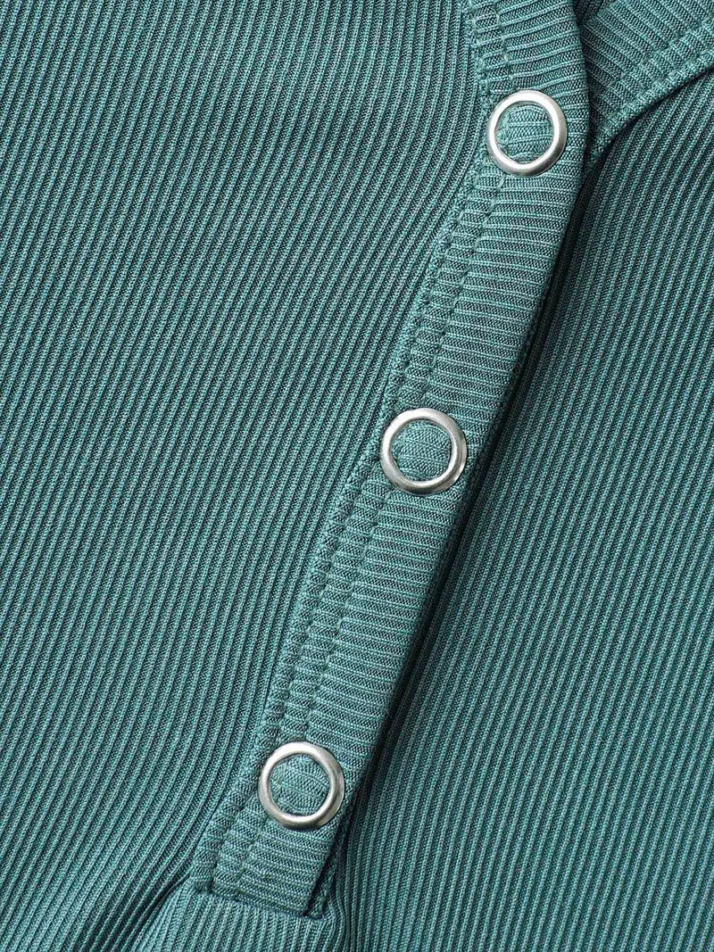 Ribbed Button V-Neck Knit T-Shirt