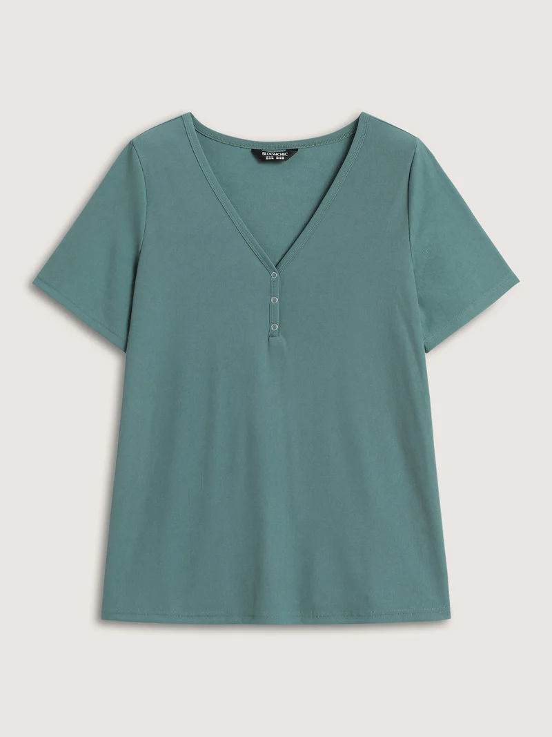 Ribbed Button V-Neck Knit T-Shirt